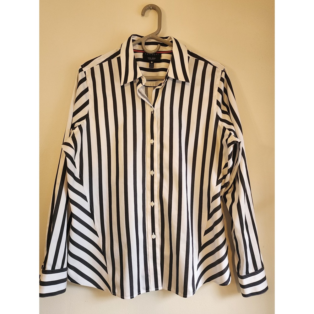 Foxcroft Non-Iron Shirt Womens 14 Fitted Black White Stripe Button Down Blouse